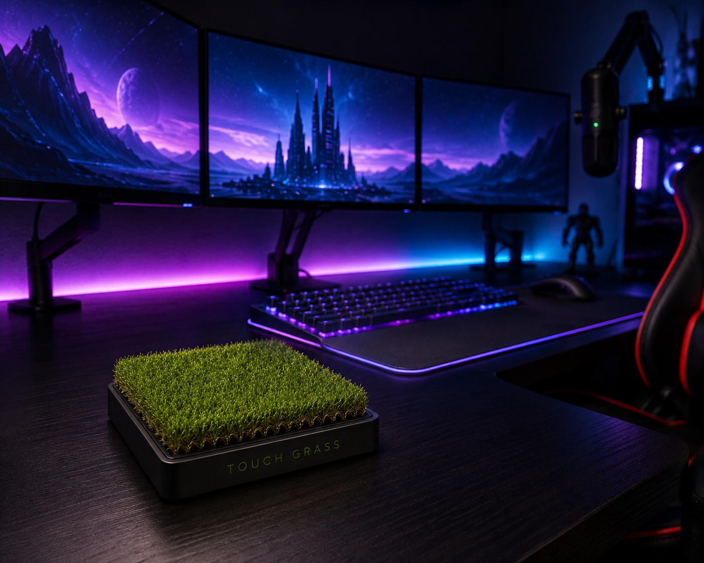 Touch Grass patch on a gaming desk with RGB monitors and keyboard